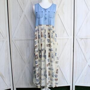 Vintage 90s Denim Floral Sleeveless Maxi Dress  M